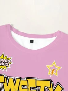 LOONEY TUNES X SHEIN 女款字母條紋印花圓領短袖休閒T恤 - 白色 - 查看 3