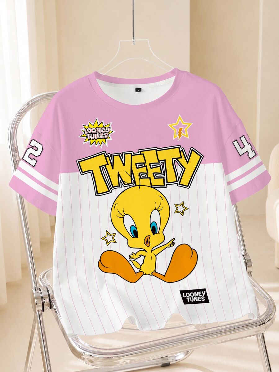 LOONEY TUNES X SHEIN 女款字母條紋印花圓領短袖休閒T恤 - 白色 - 查看 1