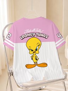 LOONEY TUNES X SHEIN 女款字母條紋印花圓領短袖休閒T恤 - 白色 - 查看 2