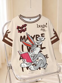 LOONEY TUNES X SHEIN Plus Size Women's Letter Cartoon Rabbit Print Short Sleeve Casual T-Shirt - White - View 1