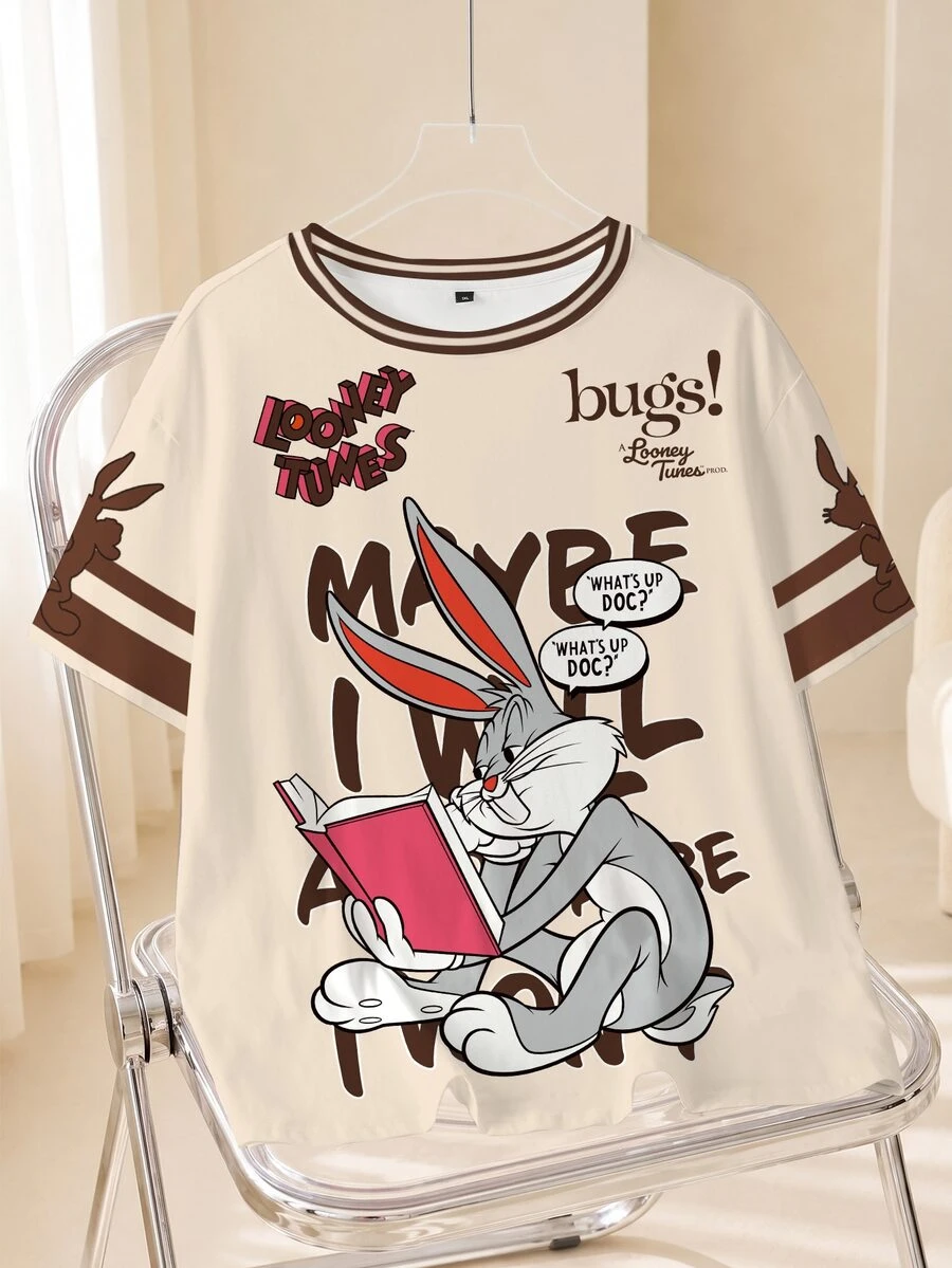 LOONEY TUNES X SHEIN Plus Size Women's Letter Cartoon Rabbit Print Short Sleeve Casual T-Shirt - White - View 1