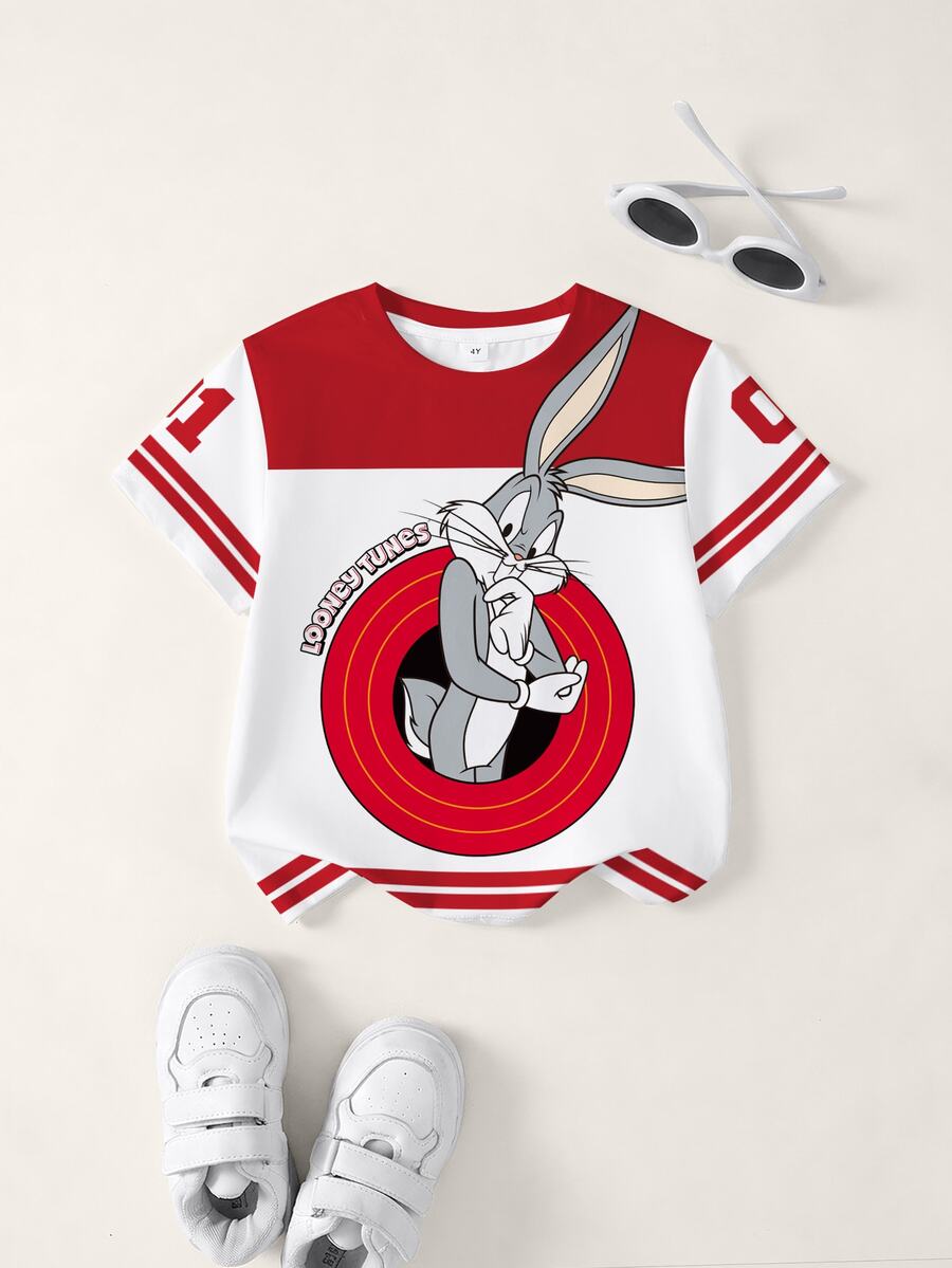 LOONEY TUNES X SHEIN Young Boy Summer Casual Sports Cartoon Rabbit And Number Print Colorblock Tee - White - View 1