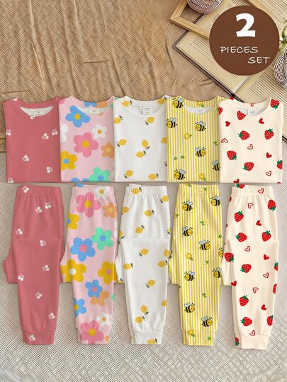 SHEIN Celana Panjang Lengan Pendek Kasual Sederhana Motif Lebah Lucu Warna Kuning Telur, Nyaman dengan Manset di Bagian Bawah, Pas Badan, Bergambar, Lembut, Kawaii, Pakaian Santai yang Nyaman untuk Musim Semi/Panas