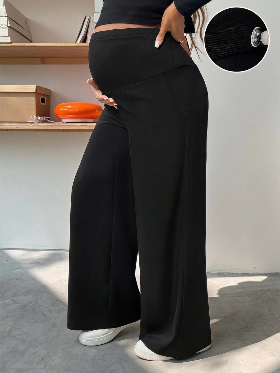 SHEIN Pregnant Women Solid Color Pocket Casual Pants, Everyday Use - Black - View 1