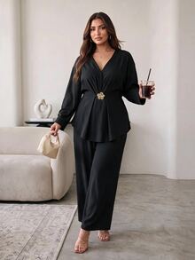 Hourglow Plus Size Women's Hourglass Body Shape 2 Pieces Pants Set With V Neck Long Sleeve Top And Wide Leg Pants For Work Business Casual Party Fall - Black - View 5