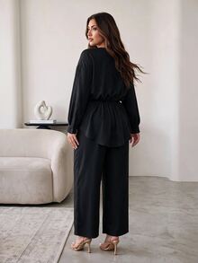 Hourglow Plus Size Women's Hourglass Body Shape 2 Pieces Pants Set With V Neck Long Sleeve Top And Wide Leg Pants For Work Business Casual Party Fall - Black - View 2
