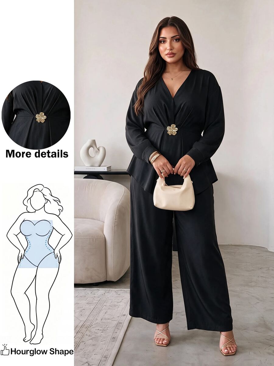 Hourglow Plus Size Women's Hourglass Body Shape 2 Pieces Pants Set With V Neck Long Sleeve Top And Wide Leg Pants For Work Business Casual Party Fall - Black - View 1