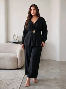 Hourglow Plus Size Women's Hourglass Body Shape 2 Pieces Pants Set With V Neck Long Sleeve Top And Wide Leg Pants For Work Business Casual Party Fall - Black - View 4
