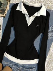 Resyla Women's Heart Print Button Half-Placket 2 In 1 Top - Black - View 3