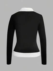 Resyla Women's Heart Print Button Half-Placket 2 In 1 Top - Black - View 2