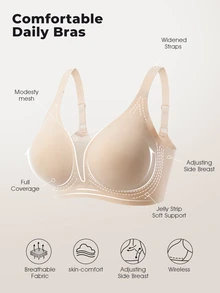 Bareli Dear Minimalist Plus Size Bra With Mesh Patchwork, Bandeau Style, Wireless, Non-Slip Wide Strap, Casual Comfortable Seamless Bra, 1pc - Apricot - View 8