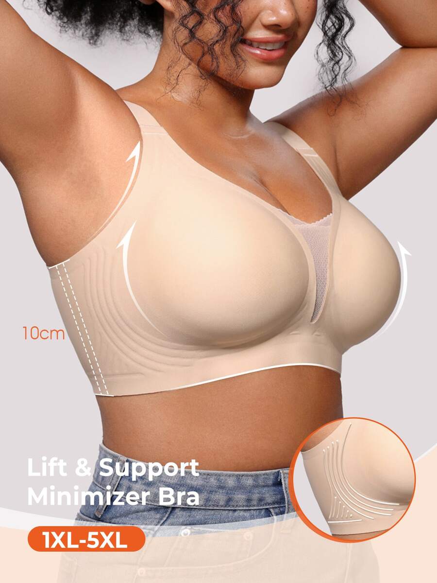 Bareli Dear Minimalist Plus Size Bra With Mesh Patchwork, Bandeau Style, Wireless, Non-Slip Wide Strap, Casual Comfortable Seamless Bra, 1pc - Apricot - View 1
