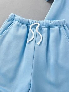 2件套男童休闲圆领短袖T恤短裤套装，适合通勤、上学、日常休闲穿着、运动、春夏穿着。 - 淺藍色 - 查看 5