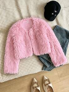 SHEIN Tween Girl Solid Color Thermal Lined Casual Daily Long Sleeve Jacket - Pink - View 3