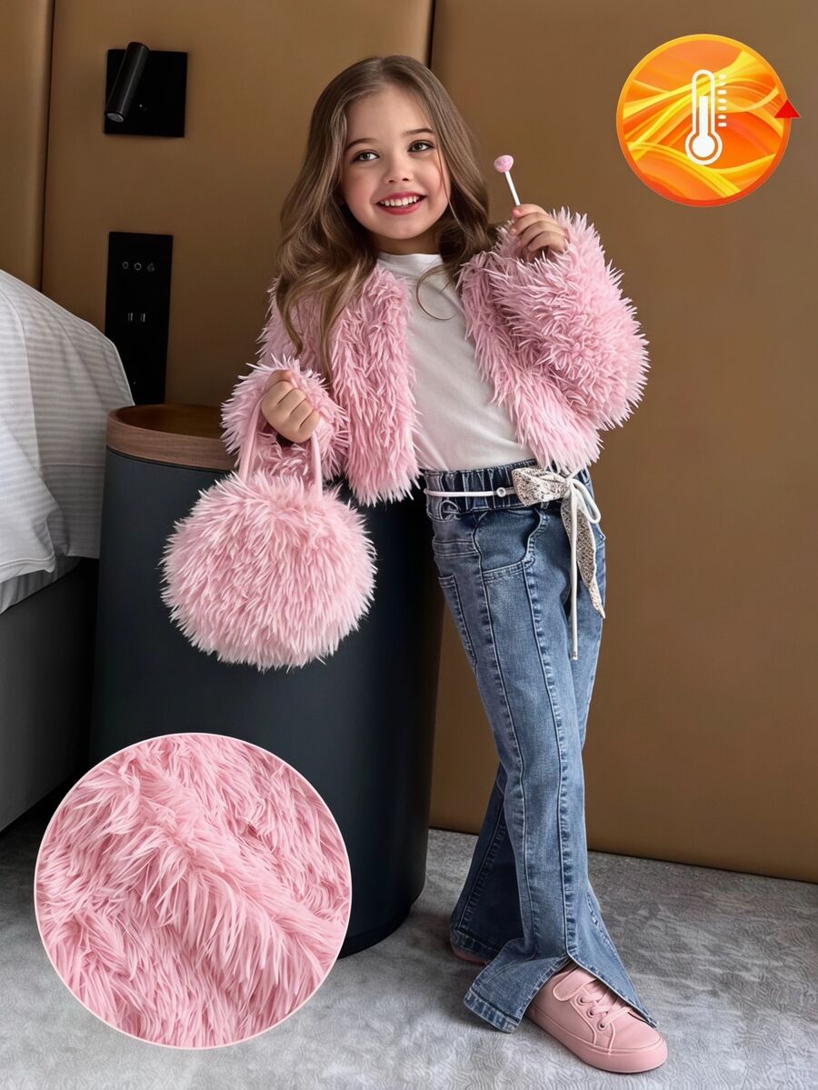 SHEIN Tween Girl Solid Color Thermal Lined Casual Daily Long Sleeve Jacket - Pink - View 1
