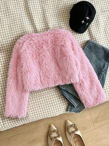 SHEIN Tween Girl Solid Color Thermal Lined Casual Daily Long Sleeve Jacket - Pink - View 2