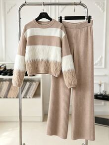 SHEIN 2pcs/Set Autumn/Winter Girls' Round Neck Fuzzy Knit Sweater And Ruffle Hem Long Pants Set - Apricot - View 3