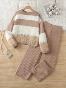 SHEIN 2pcs/Set Autumn/Winter Girls' Round Neck Fuzzy Knit Sweater And Ruffle Hem Long Pants Set - Apricot - View 5