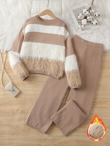 SHEIN 2pcs/Set Autumn/Winter Girls' Round Neck Fuzzy Knit Sweater And Ruffle Hem Long Pants Set - Apricot - View 1