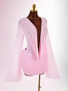 Amplova Romantic Pink Low Cut Draped Collar Bell Sleeve Bodycon Mini Dress - Pink - View 9