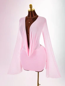 Amplova Romantic Pink Low Cut Draped Collar Bell Sleeve Bodycon Mini Dress - Pink - View 6