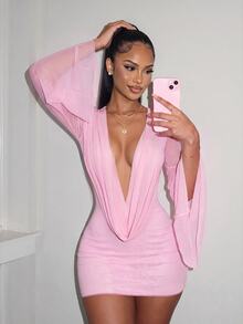 Amplova Romantic Pink Low Cut Draped Collar Bell Sleeve Bodycon Mini Dress - Pink - View 1