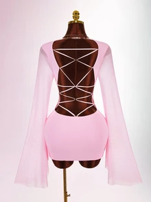 Amplova Romantic Pink Low Cut Draped Collar Bell Sleeve Bodycon Mini Dress - Pink - View 5