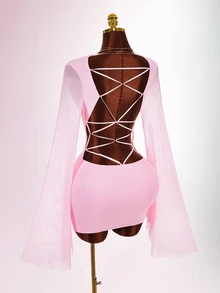 Amplova Romantic Pink Low Cut Draped Collar Bell Sleeve Bodycon Mini Dress - Pink - View 12