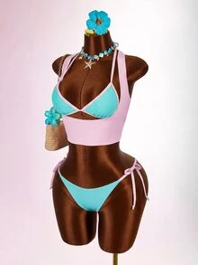 Amplova Colorblock Halter Triangle Bikini Set With Cover Up Vacation Outfits Women - Multicolor - View 6