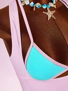 Amplova Colorblock Halter Triangle Bikini Set With Cover Up Vacation Outfits Women - Multicolor - View 10