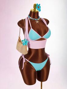 Amplova Colorblock Halter Triangle Bikini Set With Cover Up Vacation Outfits Women - Multicolor - View 1
