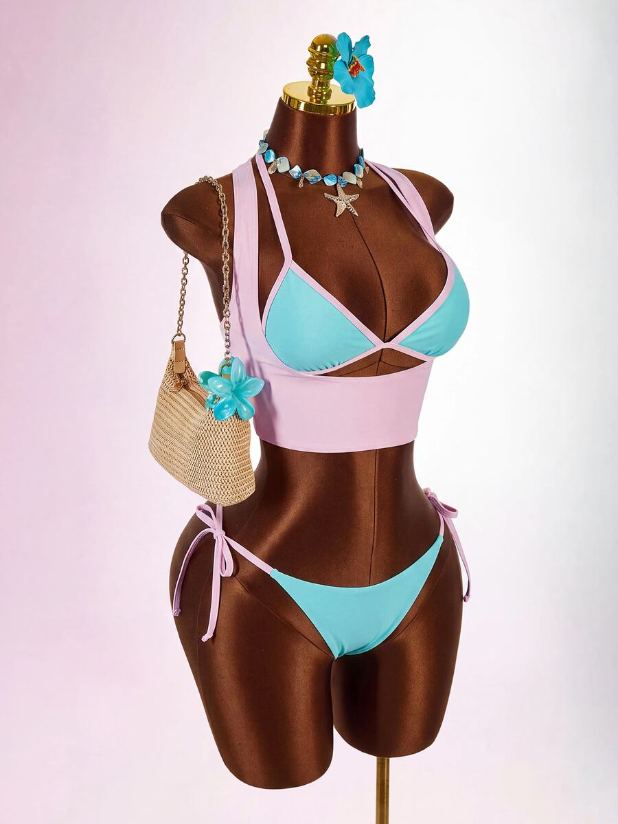 Amplova Colorblock Halter Triangle Bikini Set With Cover Up Vacation Outfits Women - Multicolor - View 1