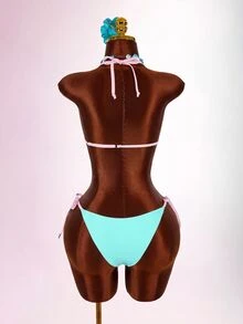 Amplova Colorblock Halter Triangle Bikini Set With Cover Up Vacation Outfits Women - Multicolor - View 5
