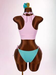 Amplova Colorblock Halter Triangle Bikini Set With Cover Up Vacation Outfits Women - Multicolor - View 3