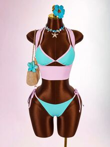 Amplova Colorblock Halter Triangle Bikini Set With Cover Up Vacation Outfits Women - Multicolor - View 2