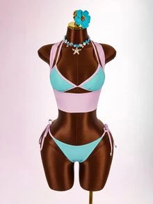 Amplova Colorblock Halter Triangle Bikini Set With Cover Up Vacation Outfits Women - Multicolor - View 8
