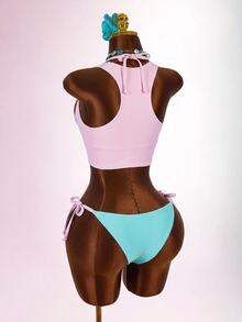 Amplova Colorblock Halter Triangle Bikini Set With Cover Up Vacation Outfits Women - Multicolor - View 7