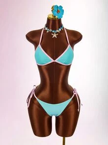 Amplova Colorblock Halter Triangle Bikini Set With Cover Up Vacation Outfits Women - Multicolor - View 4