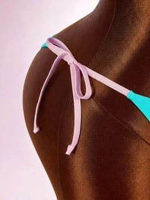 Amplova Colorblock Halter Triangle Bikini Set With Cover Up Vacation Outfits Women - Multicolor - View 11