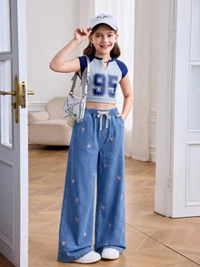 Jeans de pierna ancha con bordado de corazón para niña preadolescente - Azul lavado oscuro - Ver 3