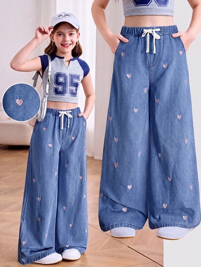 Tween Girl Heart Embroidered Wide Leg Jeans
