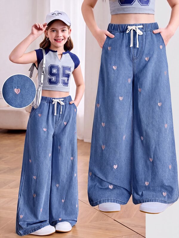 Tween Girl Heart Embroidered Wide Leg Jeans