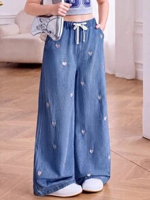 Jeans de pierna ancha con bordado de corazón para niña preadolescente - Azul lavado oscuro - Ver 6