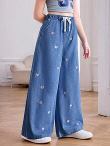 Jeans de pierna ancha con bordado de corazón para niña preadolescente - Azul lavado oscuro - Ver 5