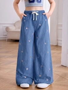 Jeans de pierna ancha con bordado de corazón para niña preadolescente - Azul lavado oscuro - Ver 4