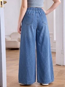 Jeans de pierna ancha con bordado de corazón para niña preadolescente - Azul lavado oscuro - Ver 2