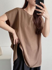 FRIFUL Women's Early Summer/Autumn New Korean Solid Color Short Sleeve A-Line Loose Fit Blouse - Brown - View 4