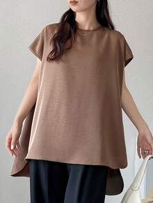 FRIFUL Women's Early Summer/Autumn New Korean Solid Color Short Sleeve A-Line Loose Fit Blouse - Brown - View 6