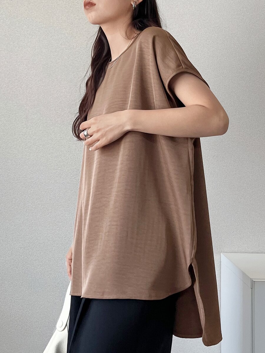 FRIFUL 女款初夏/初秋新款韓式純色短袖A字版型寬鬆襯衫 - 棕色 - 查看 1
