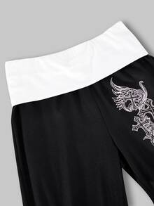 SHEIN 青少年女孩秋季黑色運動休閒舒適時尚多件套裝長褲，個性化腰部設計，喇叭褲腳剪裁，秋季 - 黑與白 - 查看 5